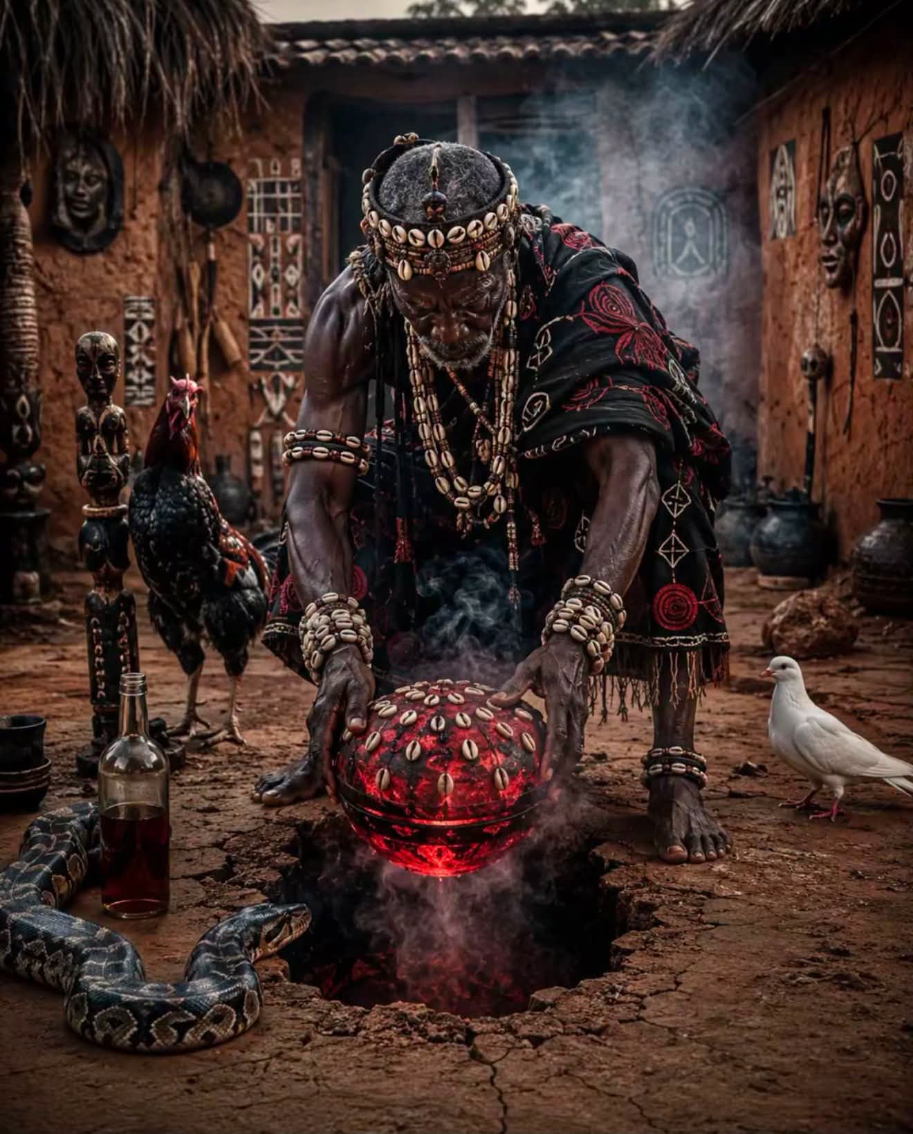Traditional African spiritual protection ceremony led by a healer in ceremonial dress